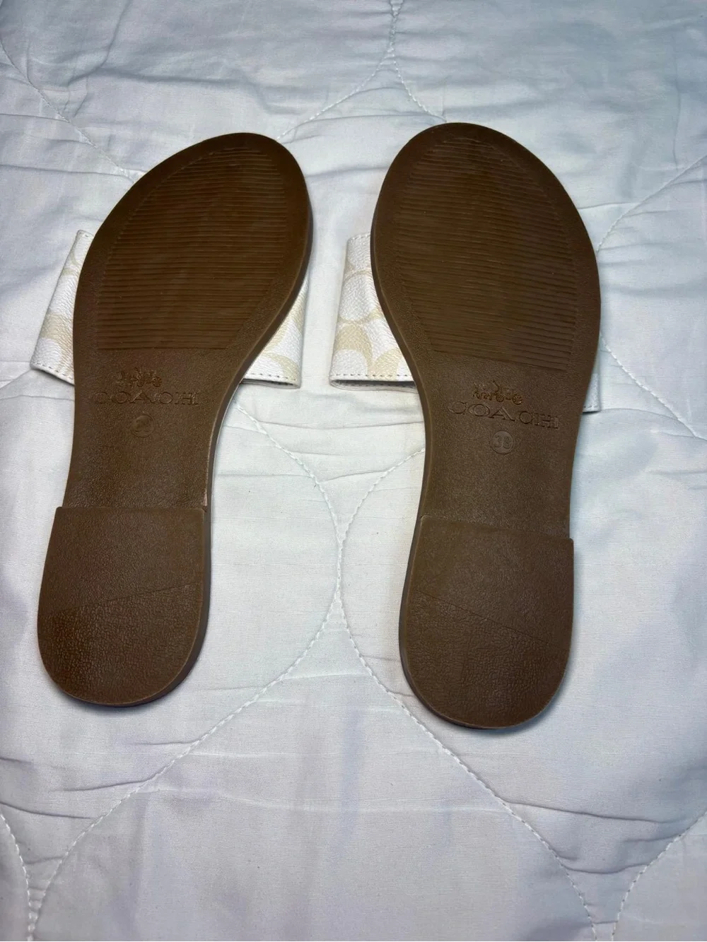 Coach White & Cream Signature Slide Sandals with Gold Logo